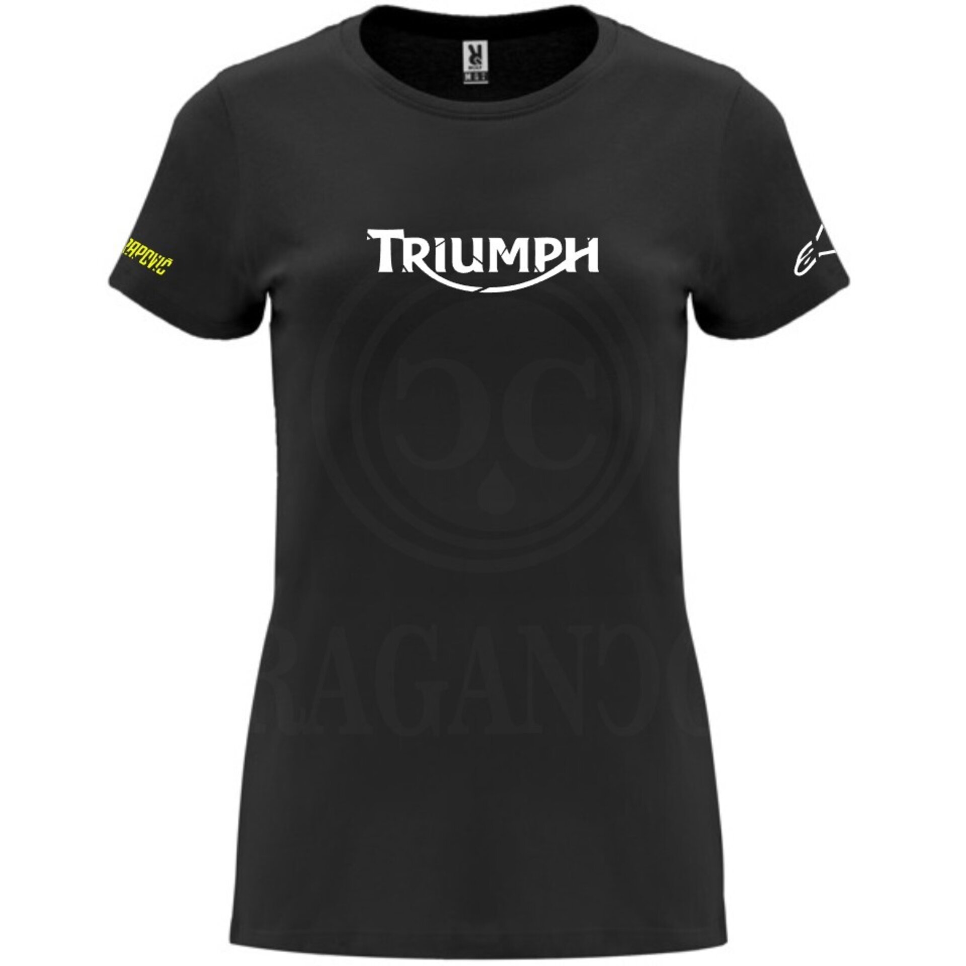 Camiseta negra de algodón para mujer y hombre con logos del mundo motor. Mod. TH - 6
