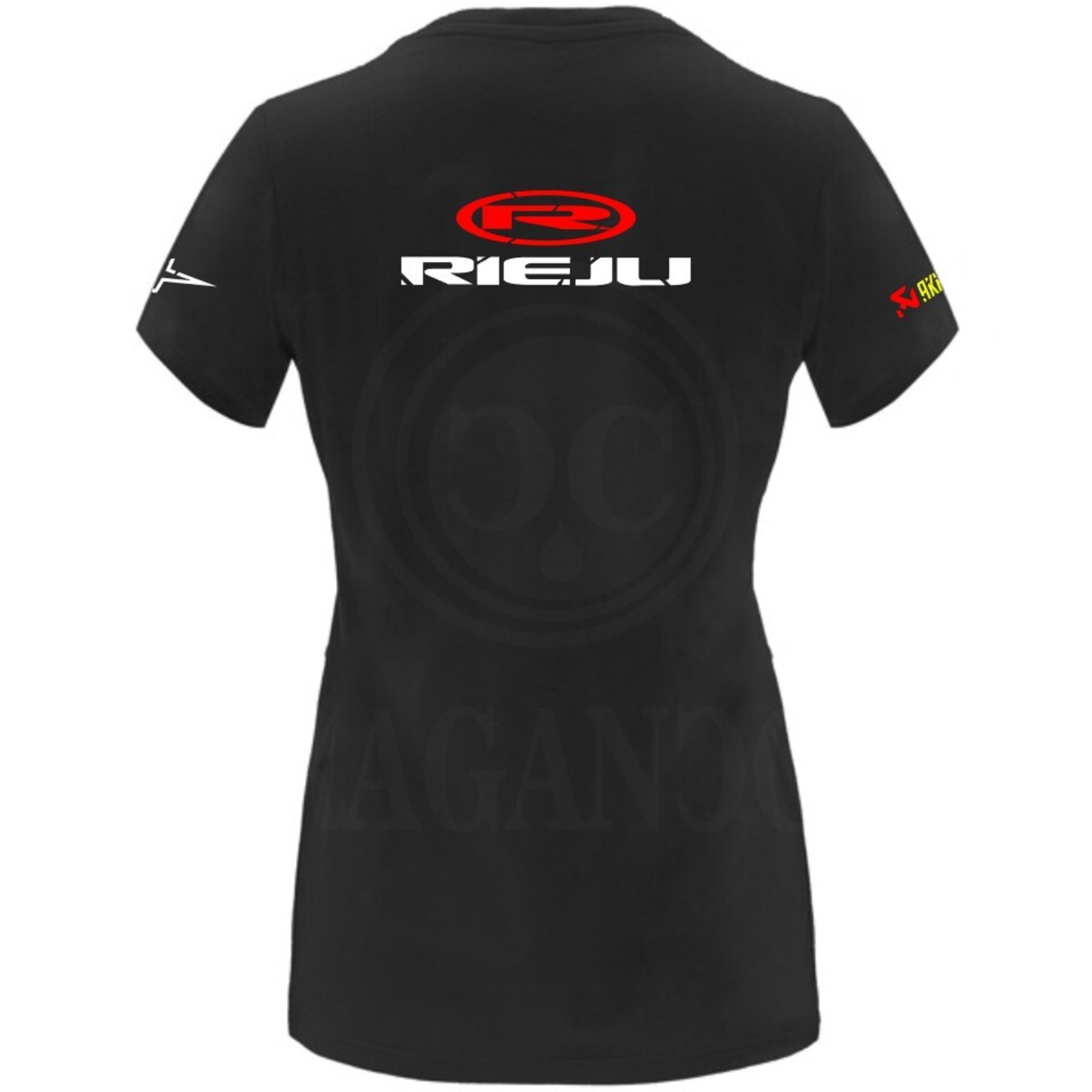 Camiseta negra de algodón para mujer y hombre con logos del mundo motor. Mod. RJ - 6
