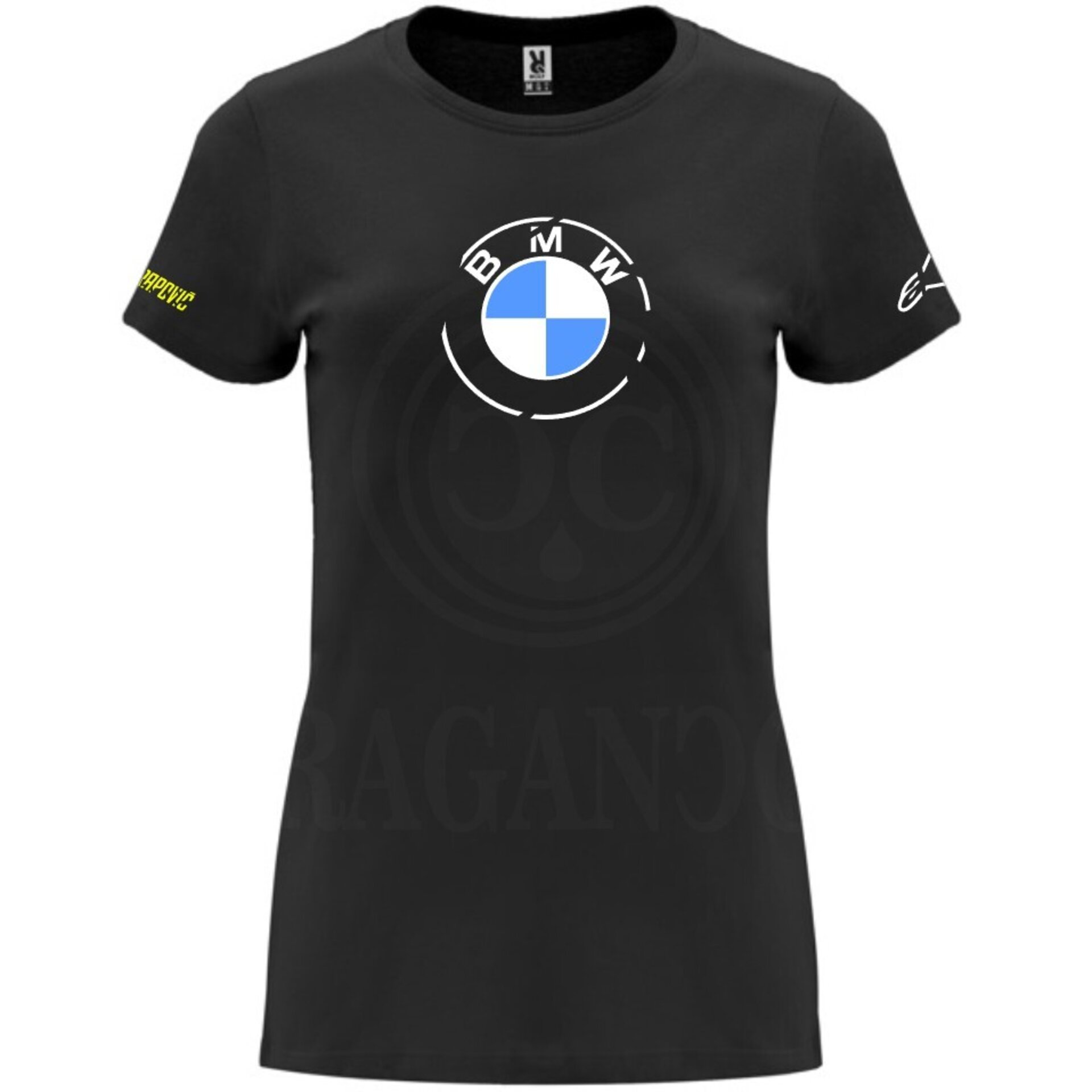 Camiseta negra de algodón para mujer y hombre con logos del mundo motor. Mod. BW - 6