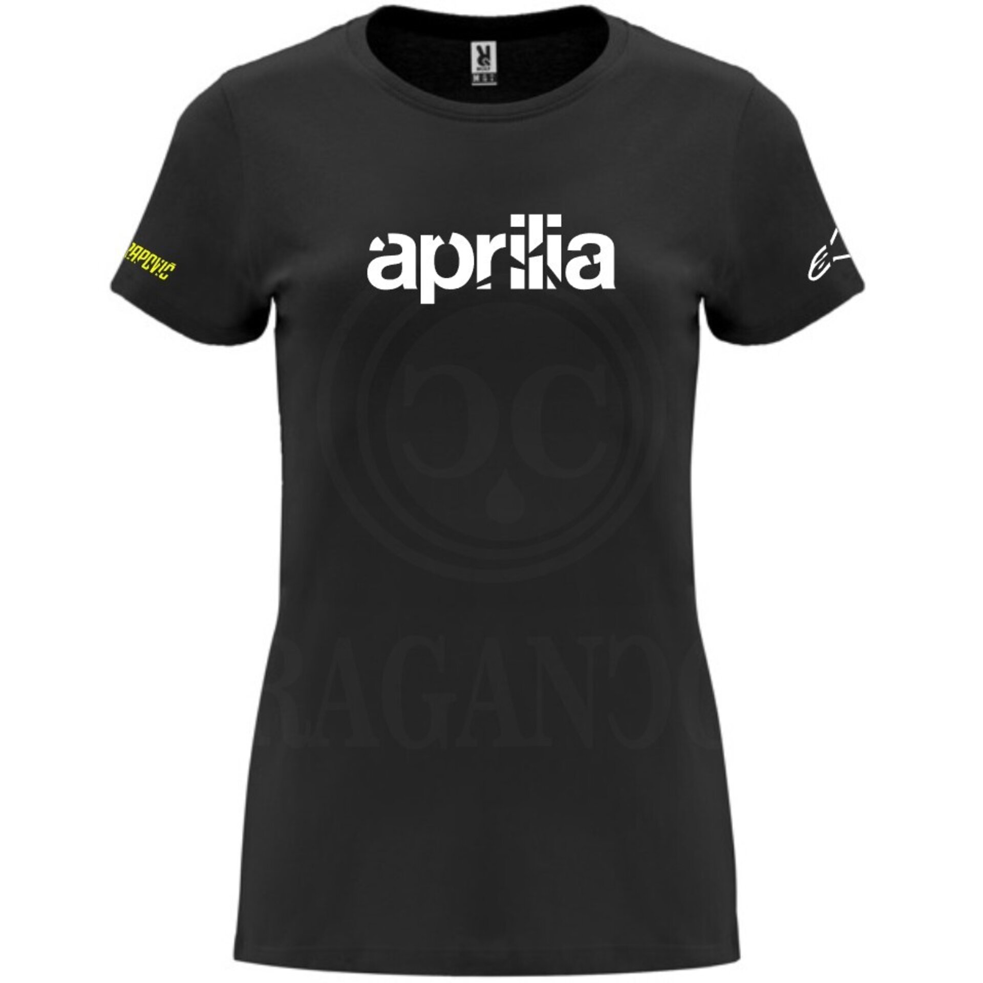 Camiseta negra de algodón para mujer y hombre con logos del mundo motor. Mod. PL - 6