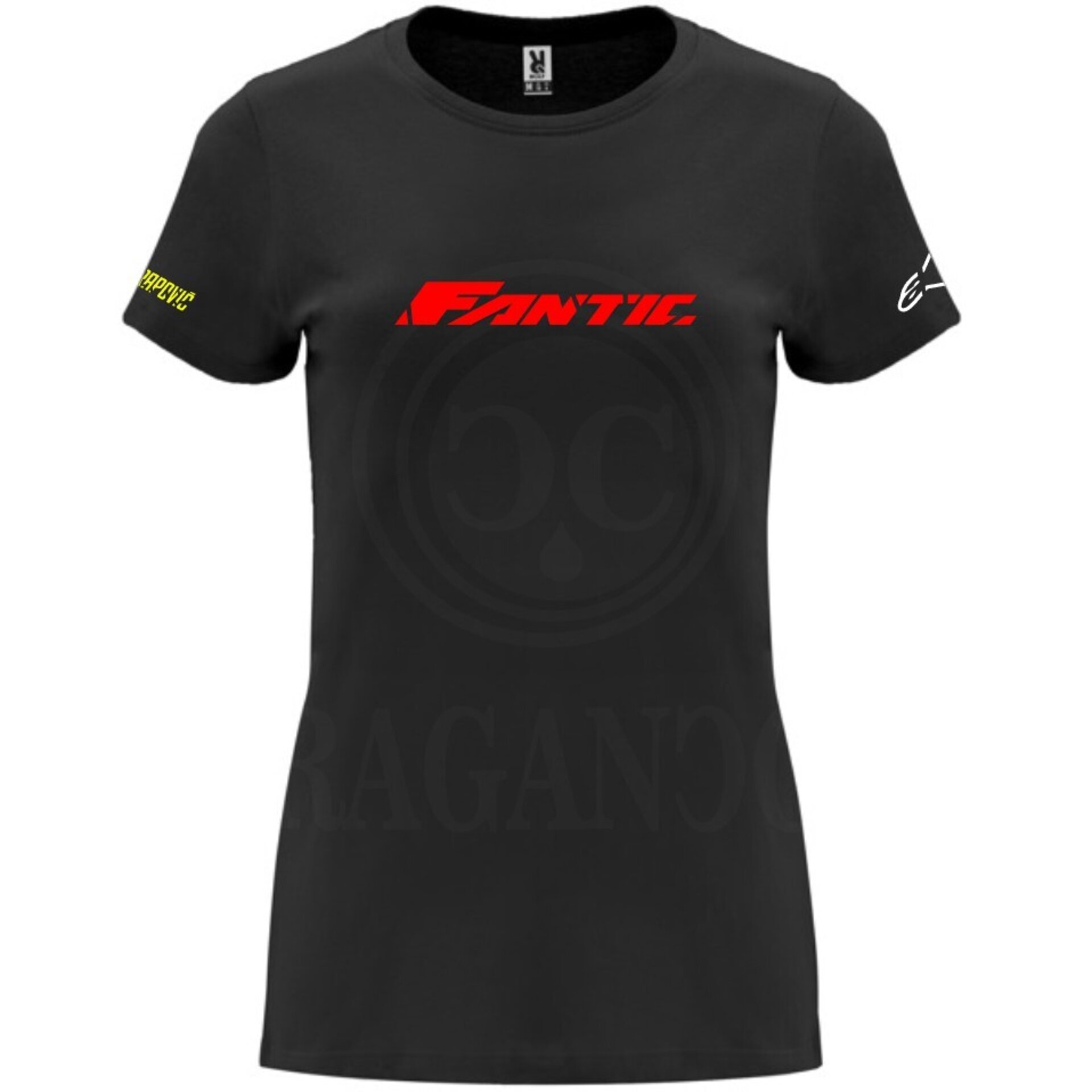 Camiseta negra de algodón para mujer y hombre con logos del mundo motor. Mod. FC - 6