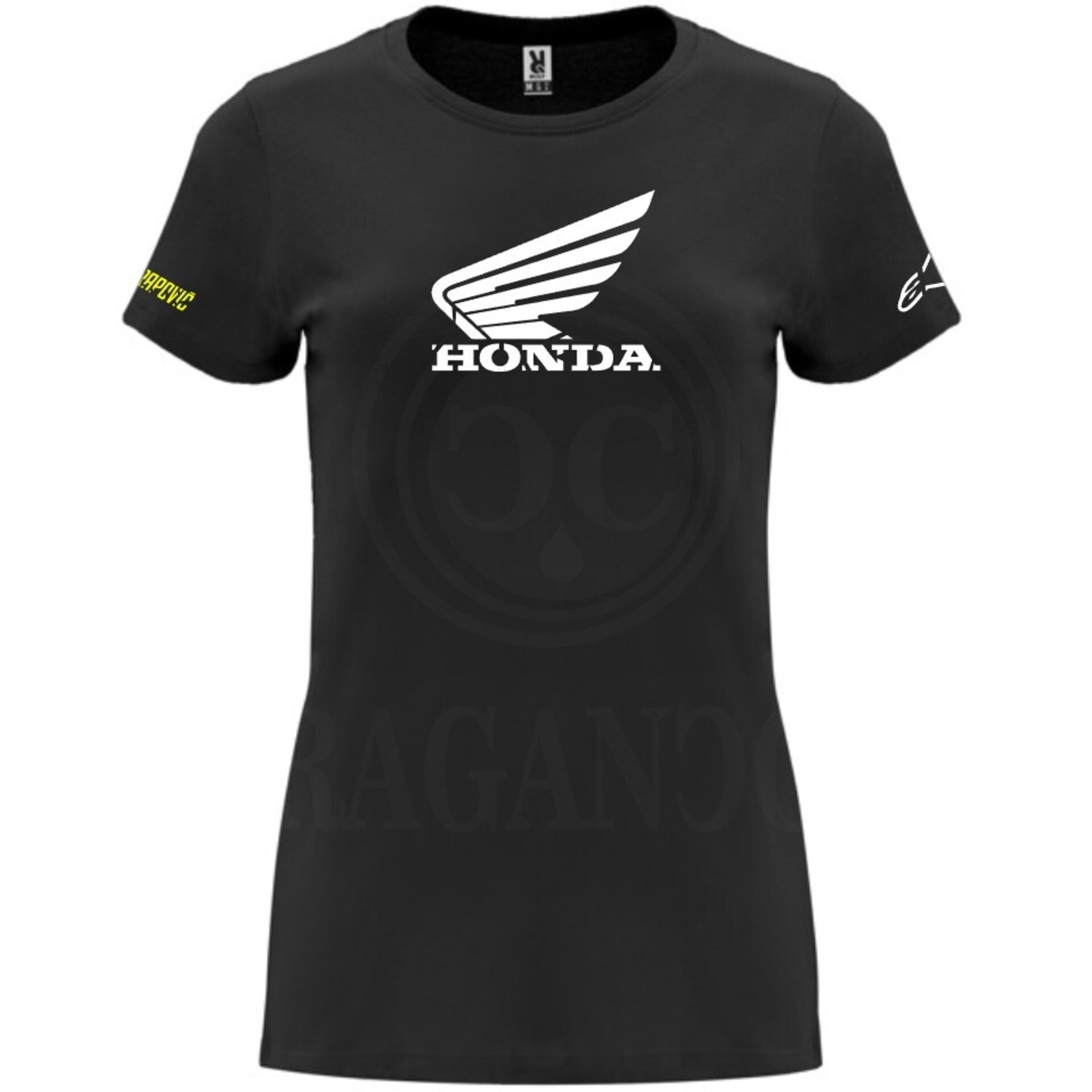 Camiseta negra de algodón para mujer y hombre con logos del mundo motor. Mod. HD - 6