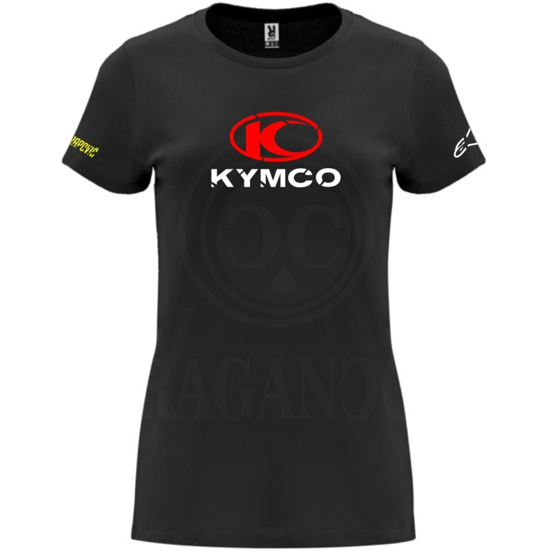 Camiseta negra de algodón para mujer y hombre con logos del mundo motor. Mod. KC - 6