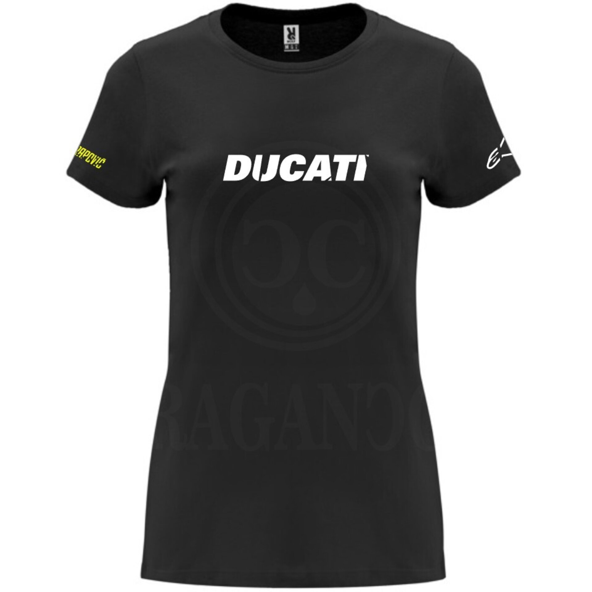 Camiseta negra de algodón para mujer y hombre con logos del mundo motor. Mod. DT - 6