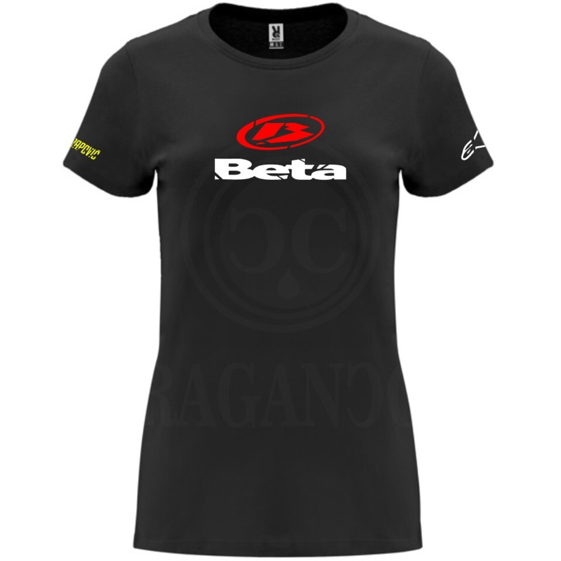Camiseta negra de algodón para mujer y hombre con logos del mundo motor. Mod. BT - 6