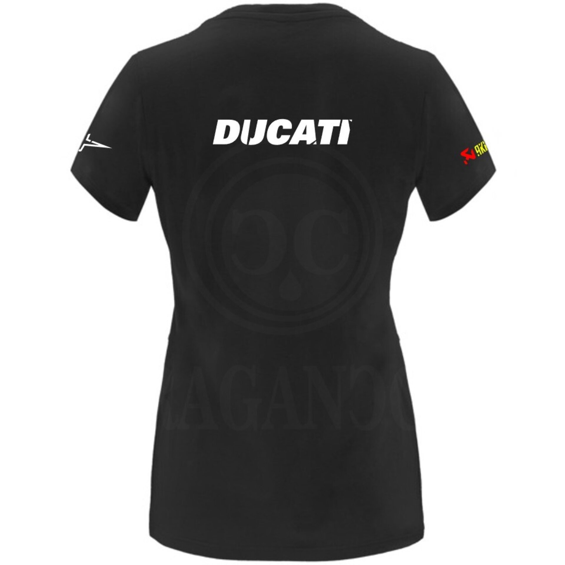 Camiseta negra de algodón para mujer y hombre con logos del mundo motor. Mod. DT - 6