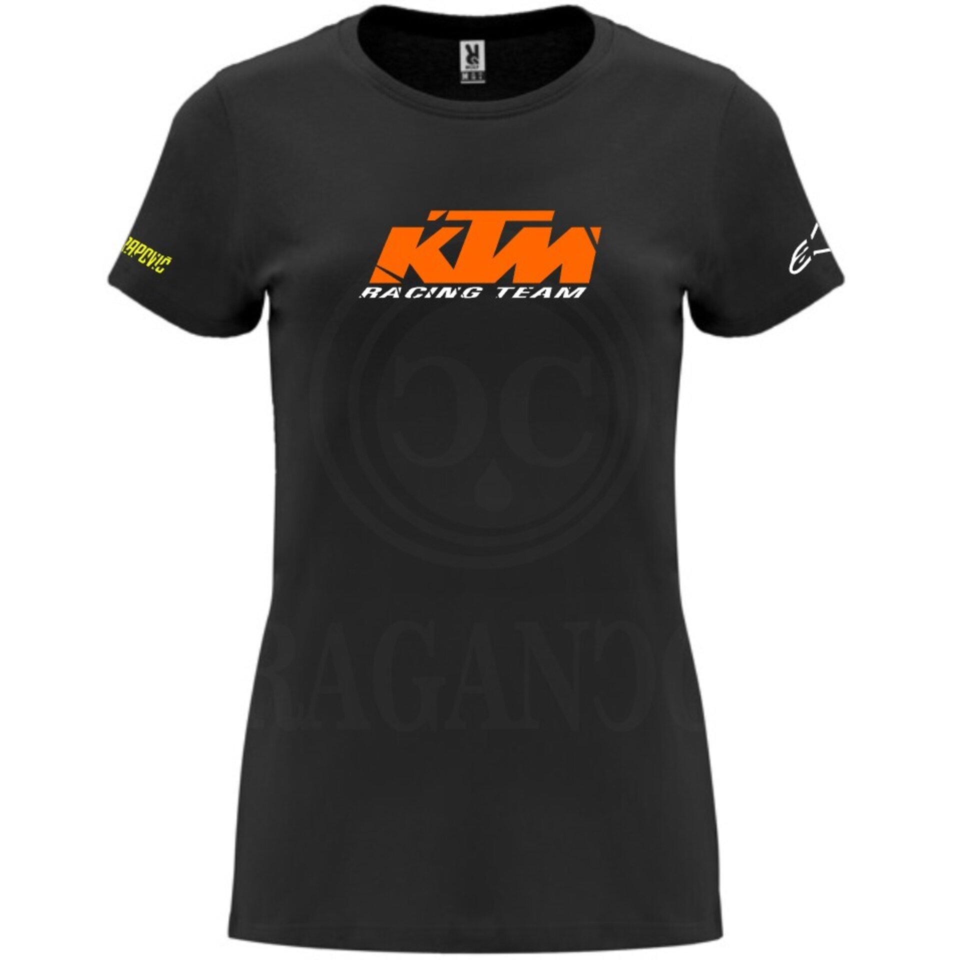 Camiseta negra de algodón para mujer y hombre con logos del mundo motor. Mod. KM - 6