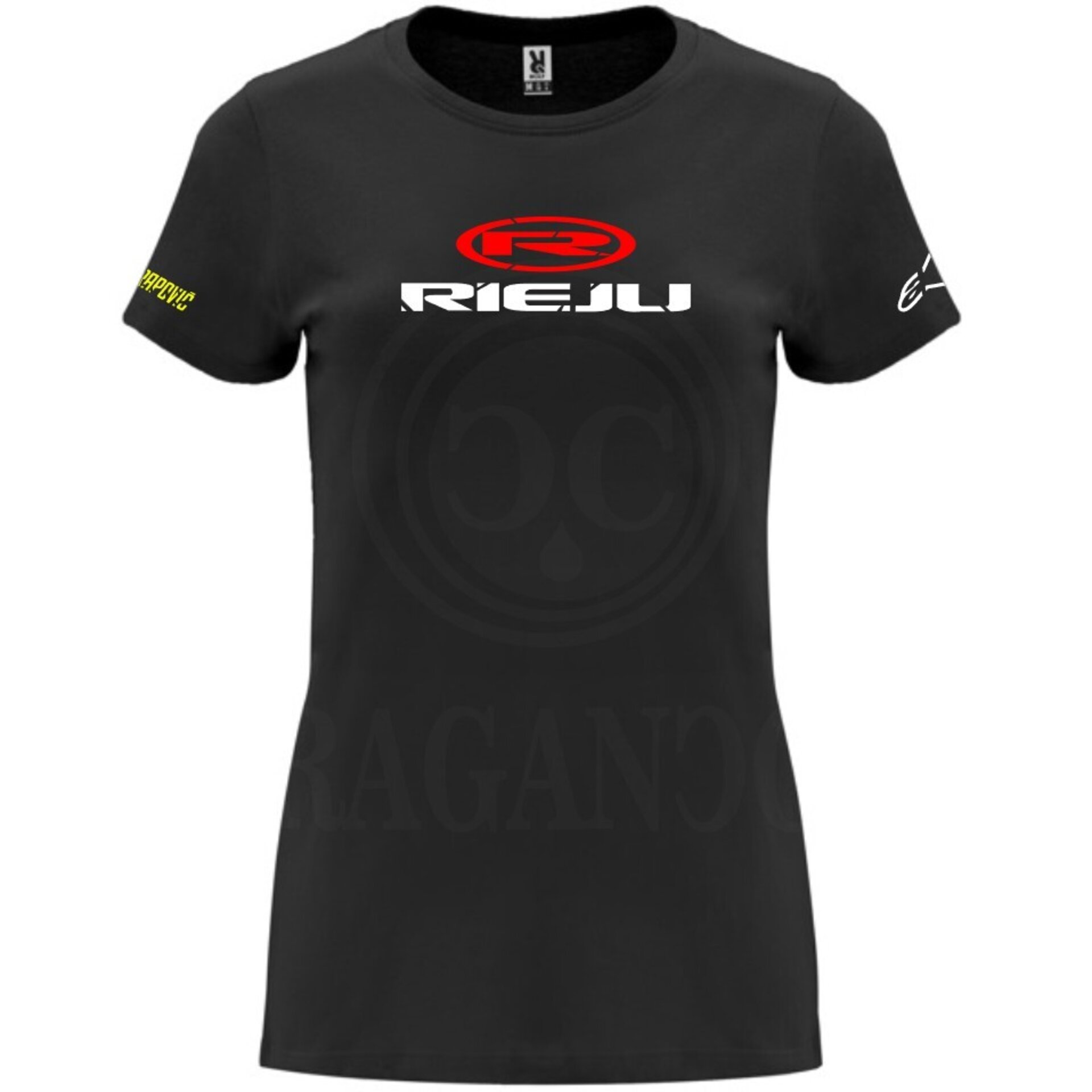 Camiseta negra de algodón para mujer y hombre con logos del mundo motor. Mod. RJ - 6