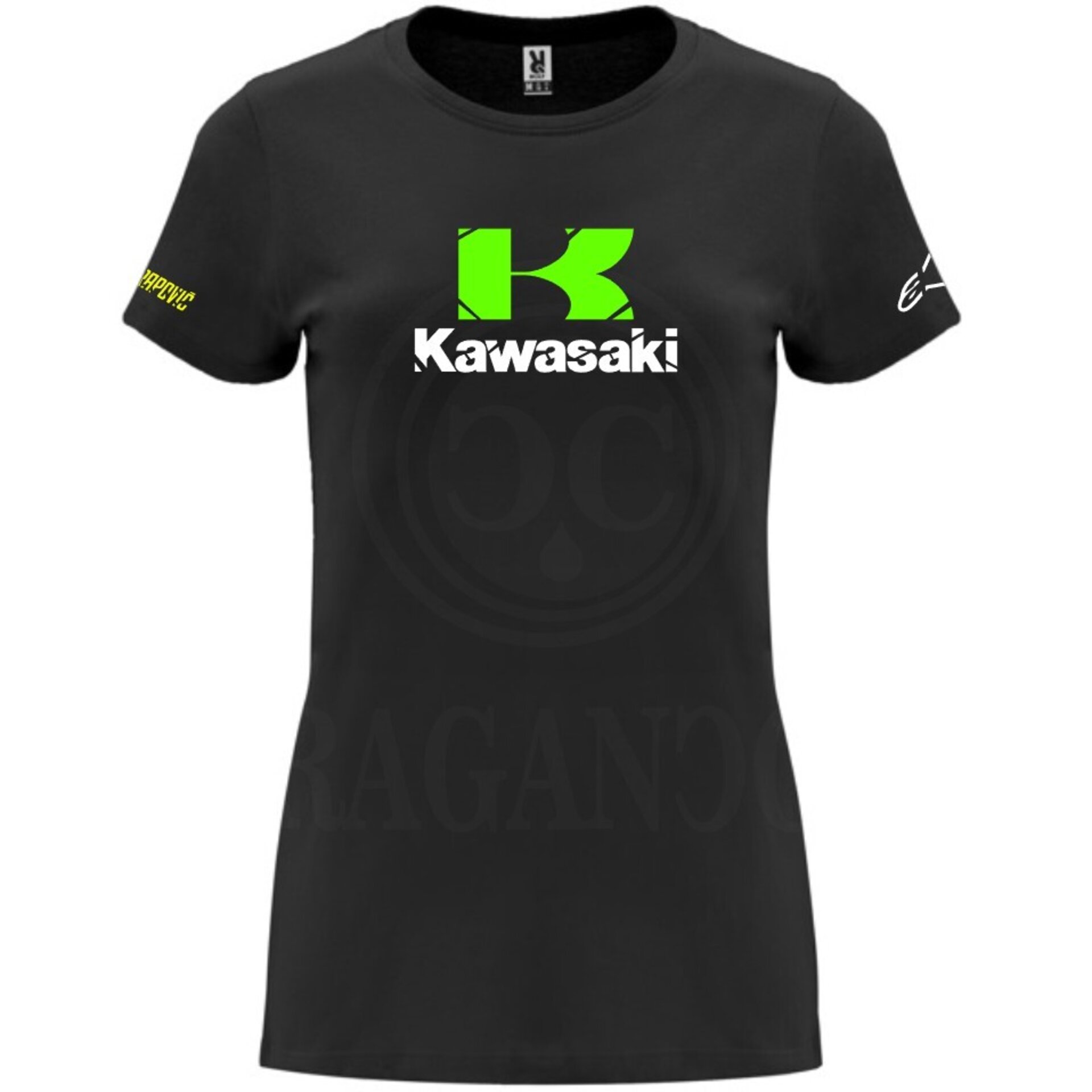 Camiseta negra de algodón para mujer y hombre con logos del mundo motor. Mod. KK - 6