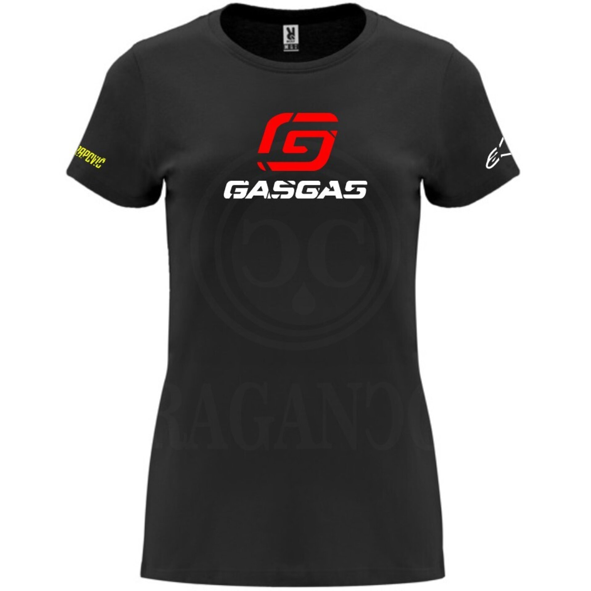 Camiseta negra de algodón para mujer y hombre con logos del mundo motor. Mod. GS - 6