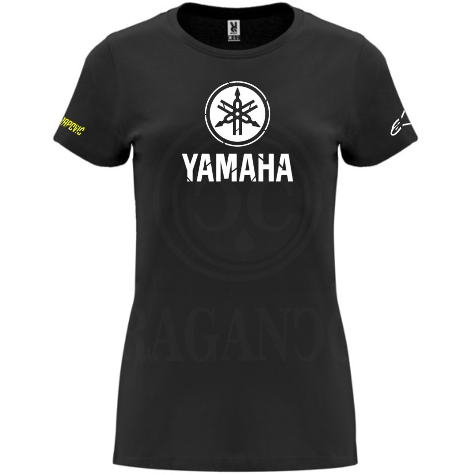 Camiseta negra de algodón para mujer y hombre con logos del mundo motor. Mod. YH - 6