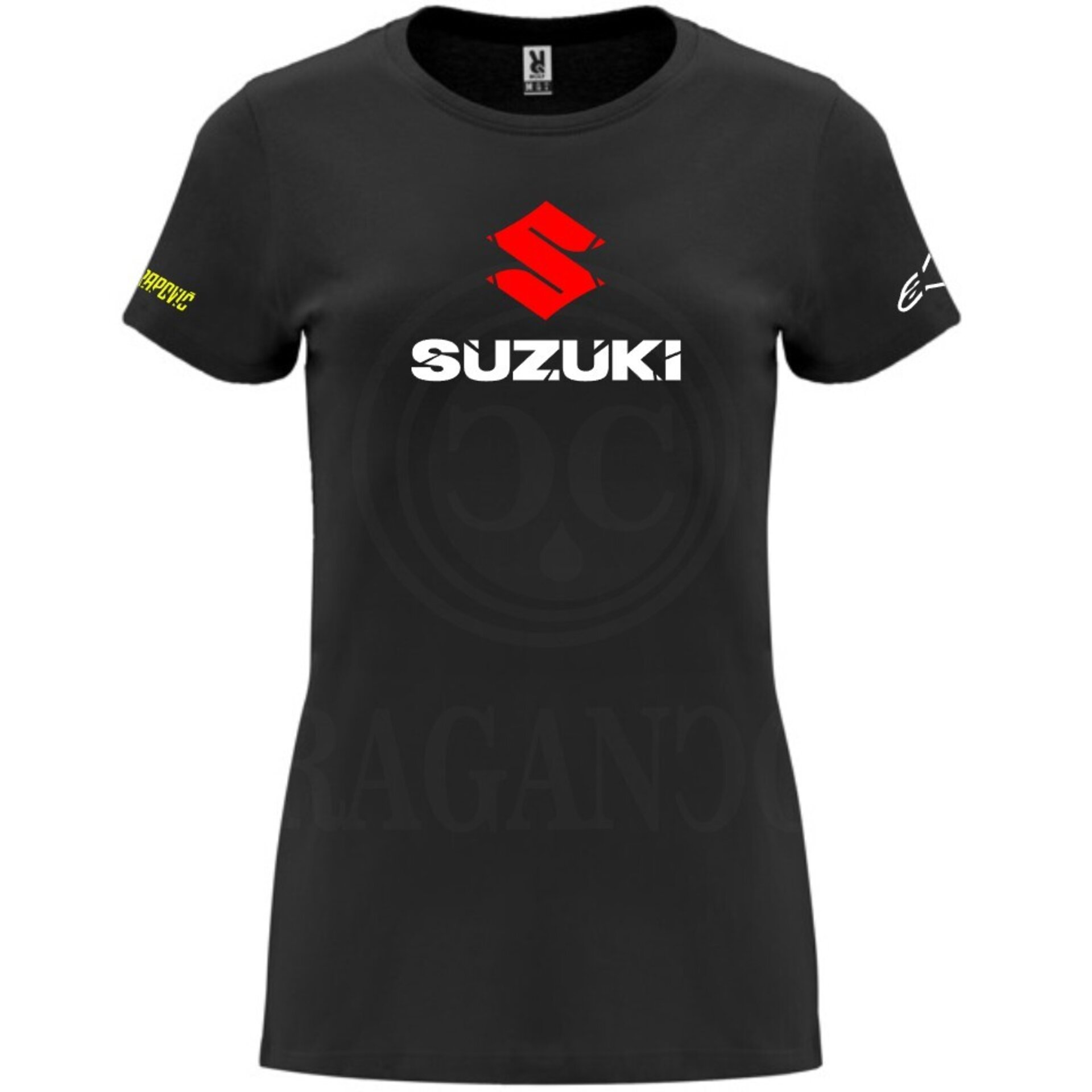 Camiseta negra de algodón para mujer y hombre con logos del mundo motor. Mod. SK - 6