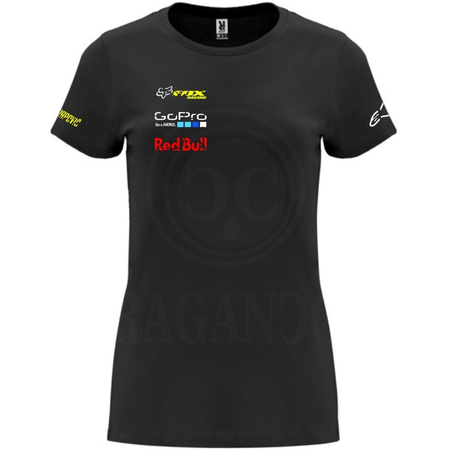 Camiseta negra de algodón para mujer y hombre con logos del mundo motor. Mod. RJ - 7